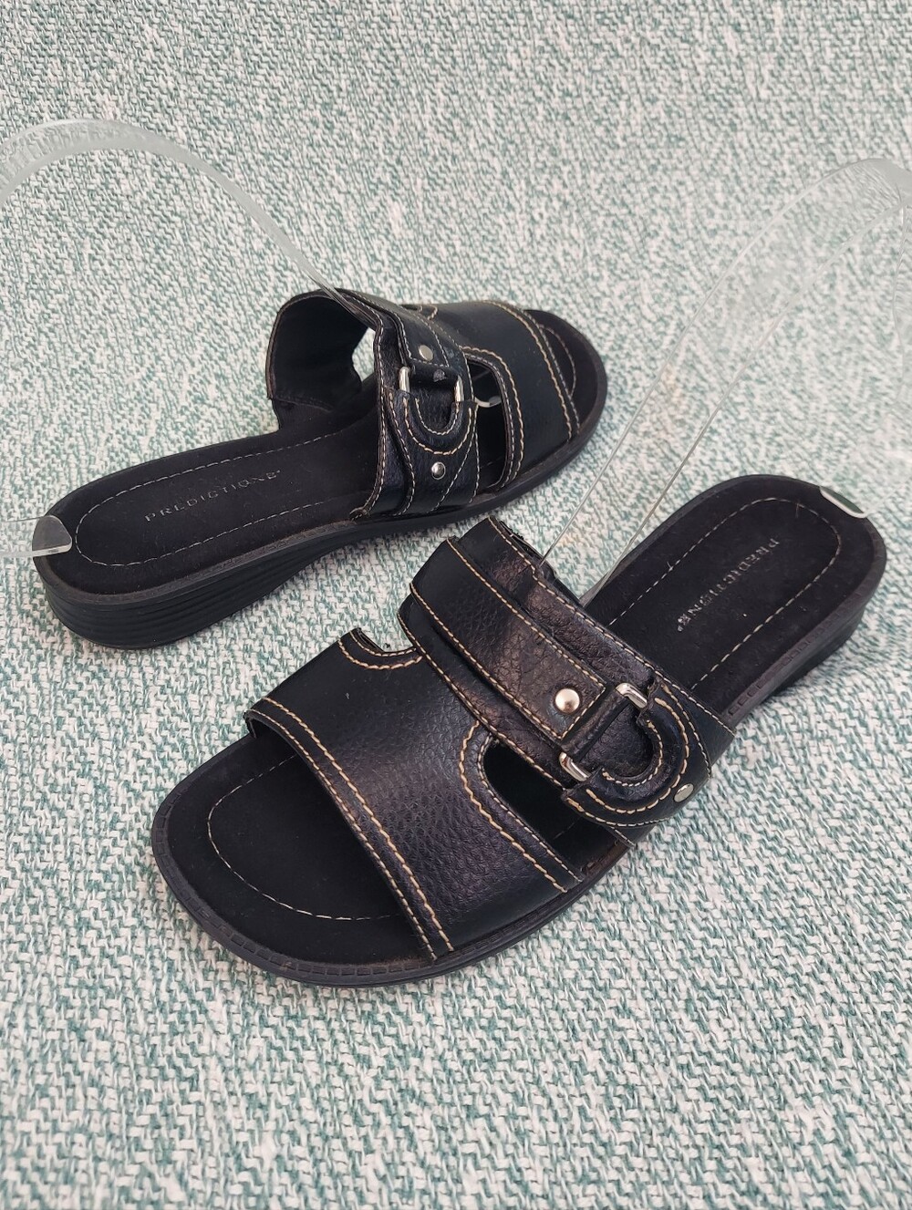 Predictions Black Slip-On Women's Sandals with Buckle Accent
